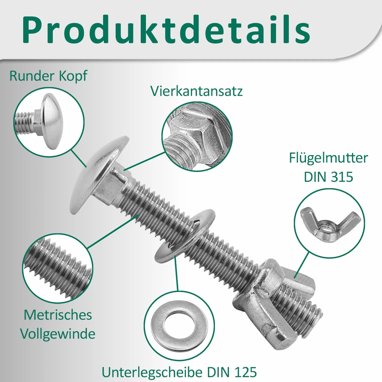 Śruby zamkowe M6 x 12 mm DIN 603 z nakrętką motylkową M6 DIN 315 i podkładką DIN 125, stal nierdzewna A2 V2A, zestaw 100 sztuk