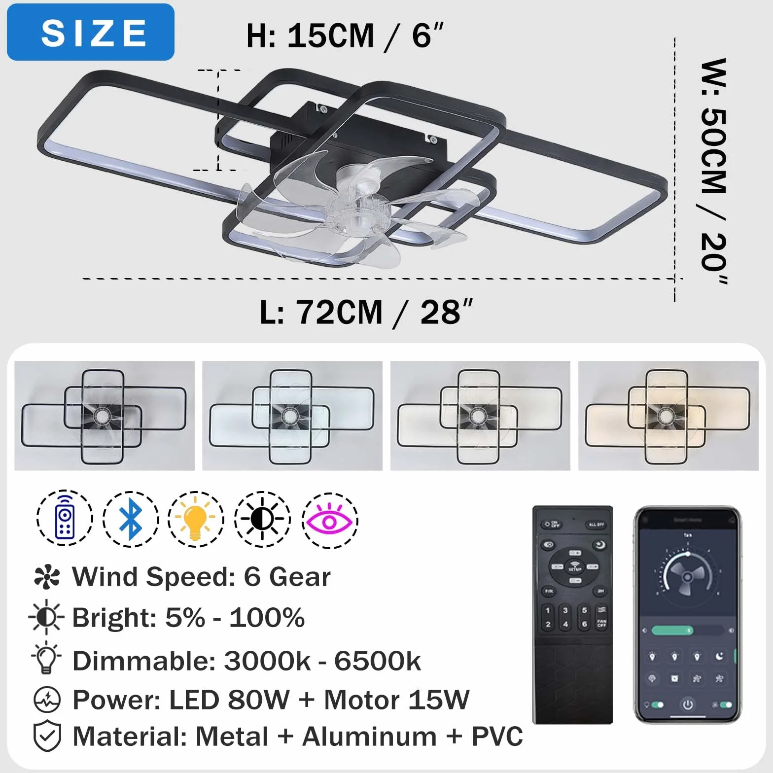 Cichy Wentylator Sufitowy z Oświetleniem LED 80W Ściemnialny z Pilotem 72CM Czarny