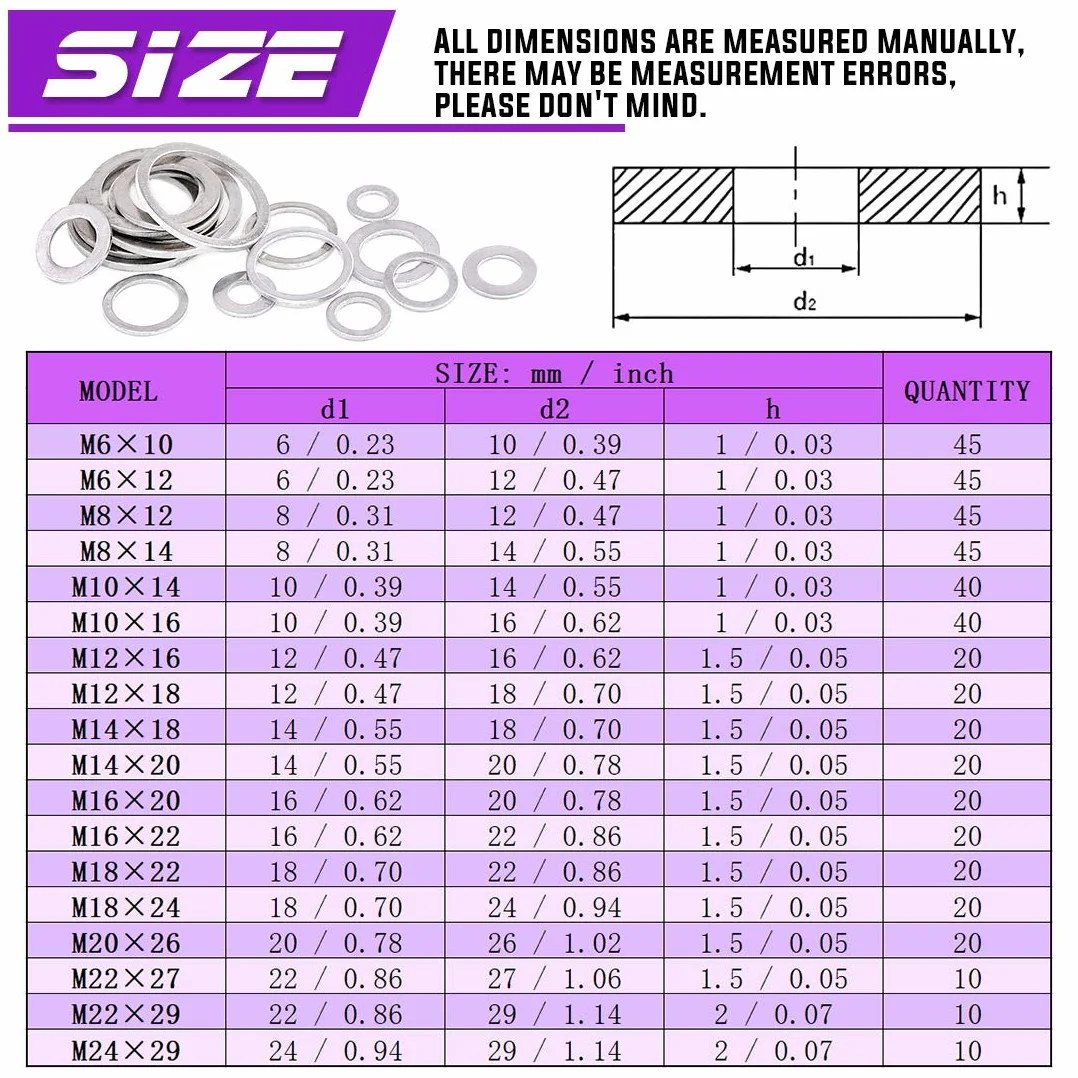 Swpeet 470 szt. Samochodowy aluminiowy zestaw podkładek płaskich M6 M8 M10 M12 M14 M16 M18 M22 M24