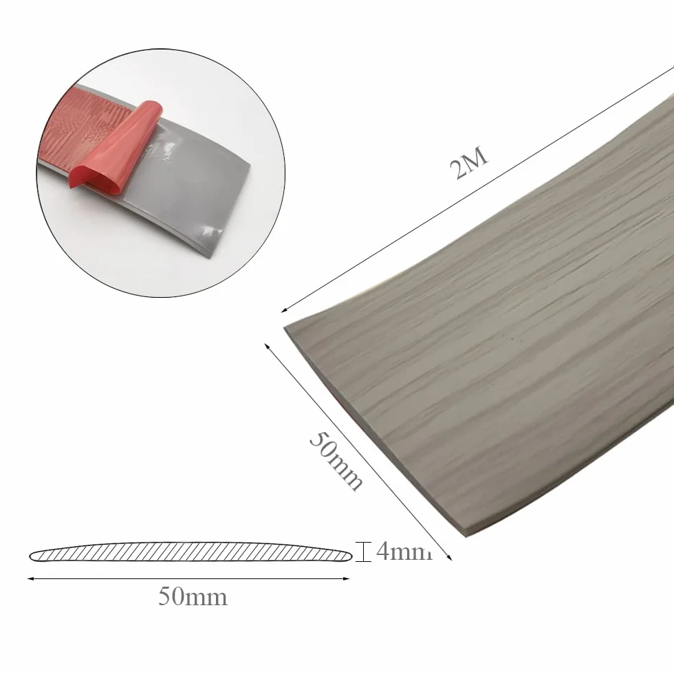 Samoprzylepny pasek przejściowy PVC 200 cm x 5 cm, gumowy pasek progowy, płaska listwa ochronna szara