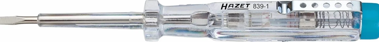 HAZET 839-1 I 220-250 V, tester prądu z wkrętakiem płaskim do gniazd wtykowych, gniazd budowlanych i zacisków lustrzanych, szerokość między płaskownikami 0,5 x 2,8 mm