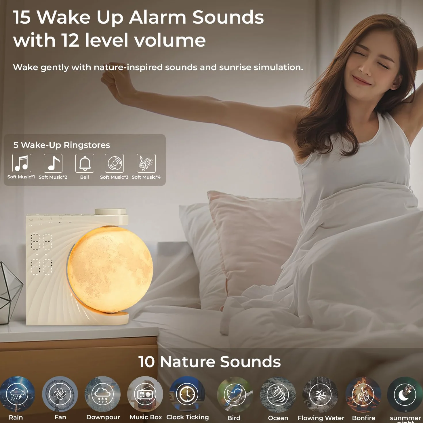 Lampa księżycowa ze świecącym budzikiem LED, 8 kolorów, podwójny alarm, drzemka, 10 dźwięków