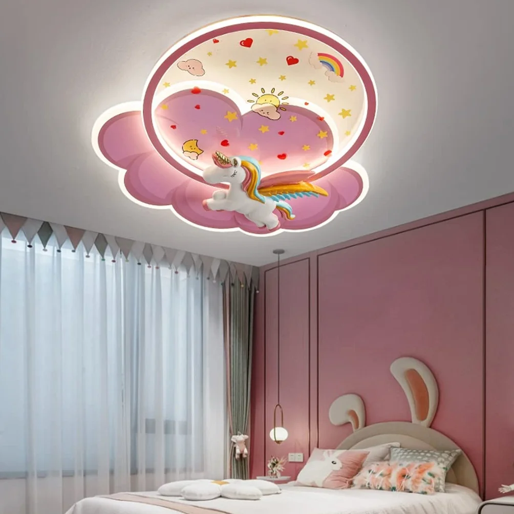 Lampa Sufitowa LED Różowa Dekoracyjna z Pilotem 3000K-6000K Klosz Chmurowy Ściemnialny Kształt Jednorożca Żyrandol