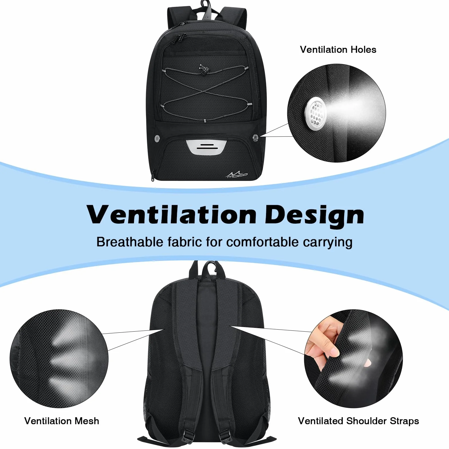 MoKo Basketball Bag Backpack, Football Backpack with Separate Ventilated Shoes & Ball Compartments, Water-Resistant, Black, 18.90 x 13.39 x 8.27 inches