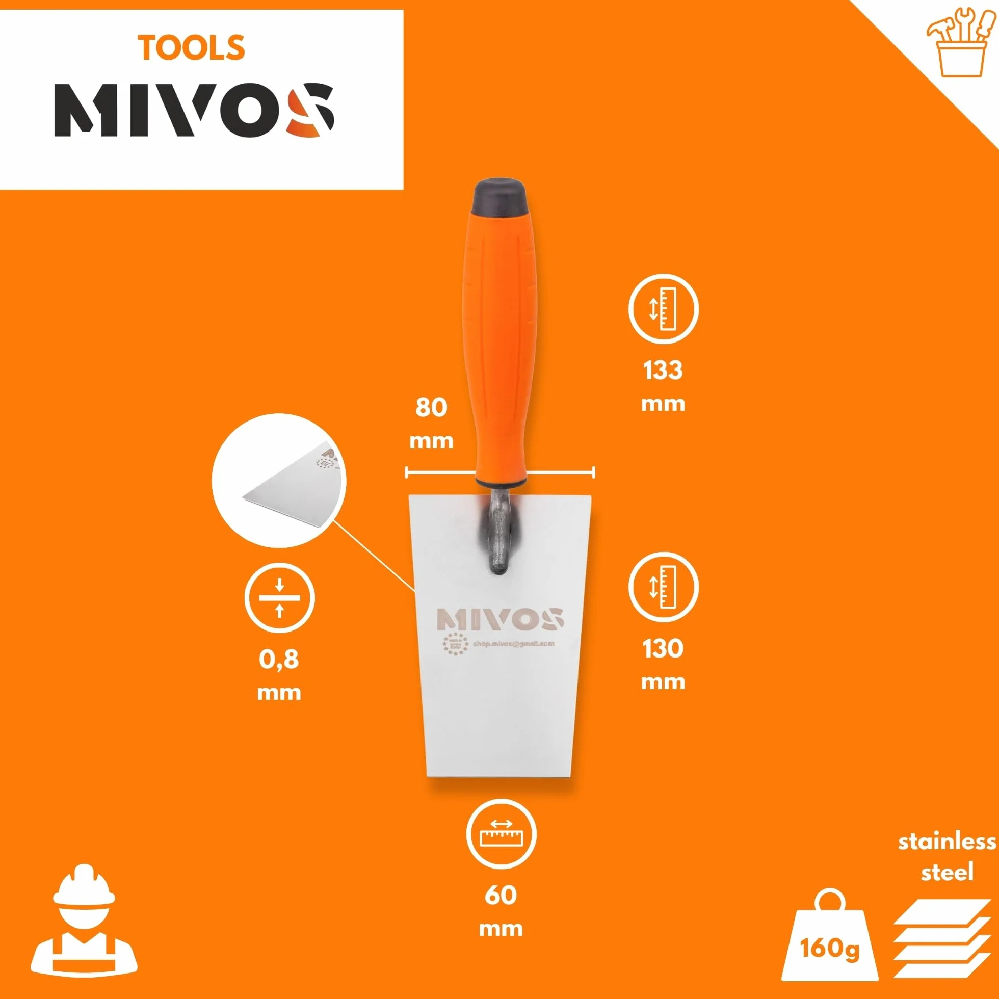 Mivos Łopatka trapezowa ze stali nierdzewnej 130 x 60 mm z gumowym uchwytem