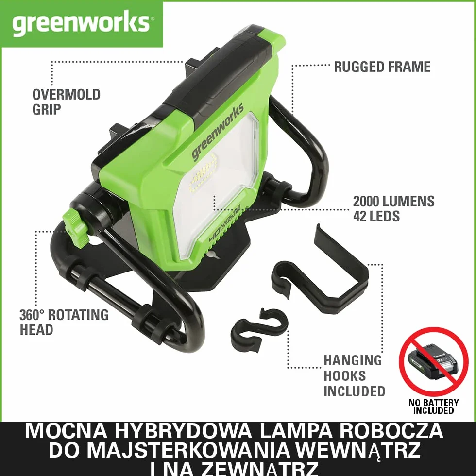 Greenworks G40WL Akumulatorowa Lampa Robocza Hybrydowa AC/DC 2000 Lumenów 2 Ustawienia Jasności