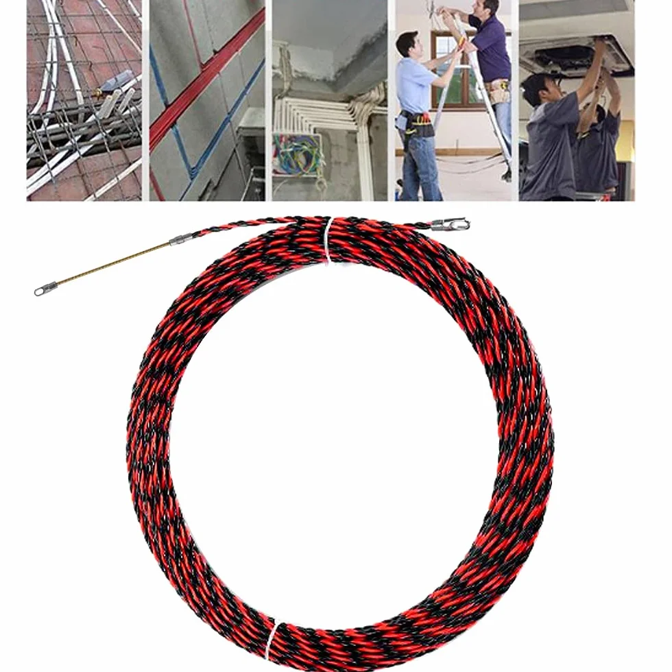 Pomoc do podciągania kabli, 15 m, poliester, drut do wciągania z 2 sprężynami prowadzącymi, idealna pomoc przy układaniu kabli, średnica 6 mm (czerwona i czarna)