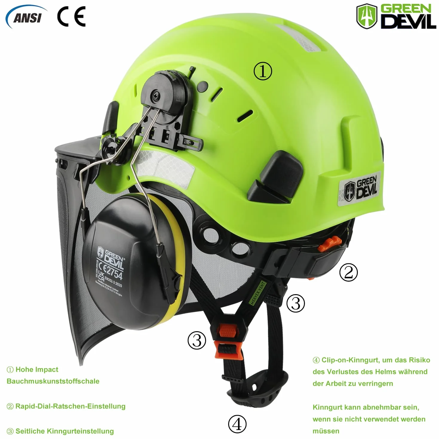 GREEN DEVIL Kask ochronny z piłą łańcuchową 3 w 1, ochrona słuchu i twarzy, EN397 EN 352-3
