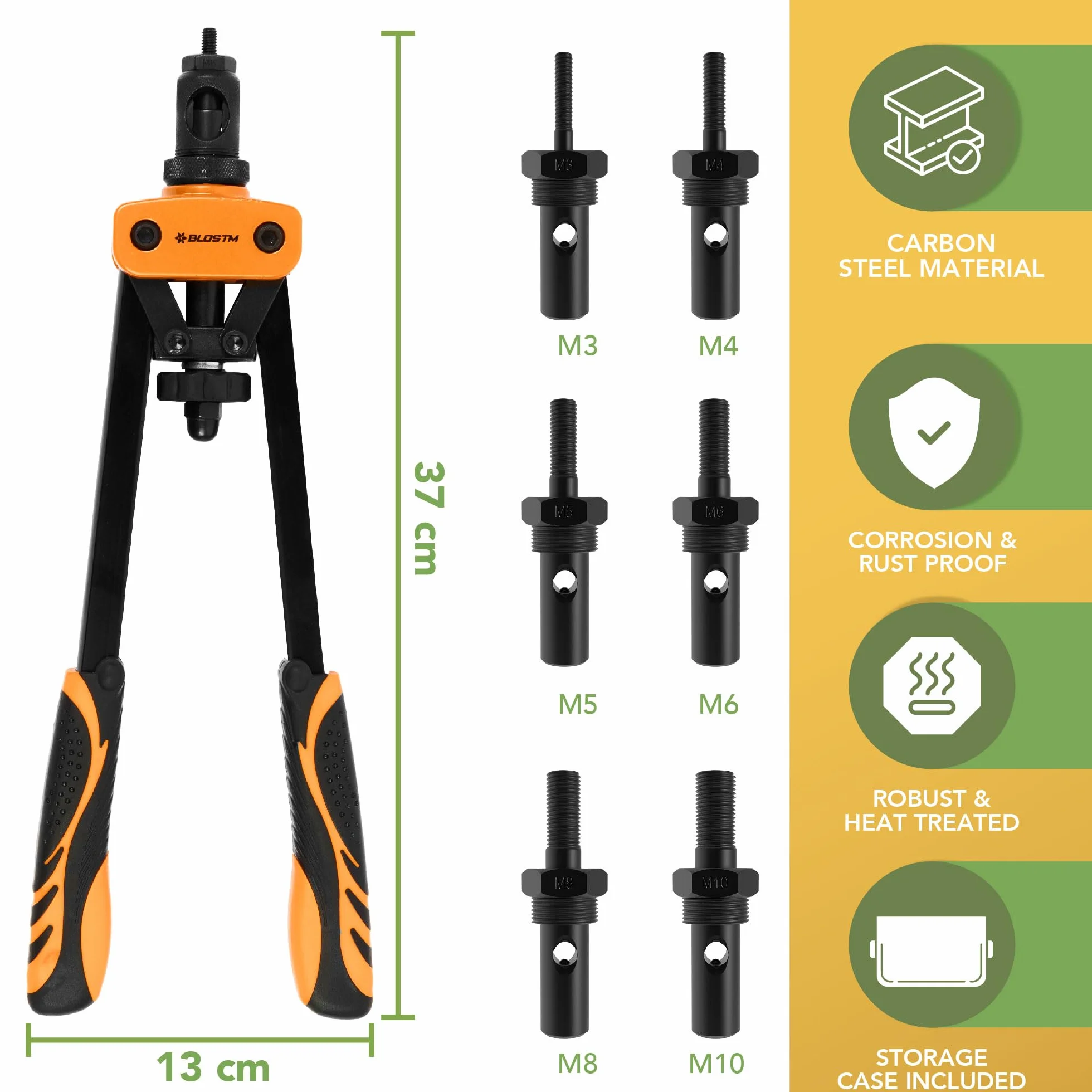 Zestaw pistoletów nitowych 35,5 cm z 150 nakrętkami i 6 trzpieniami M3-M10