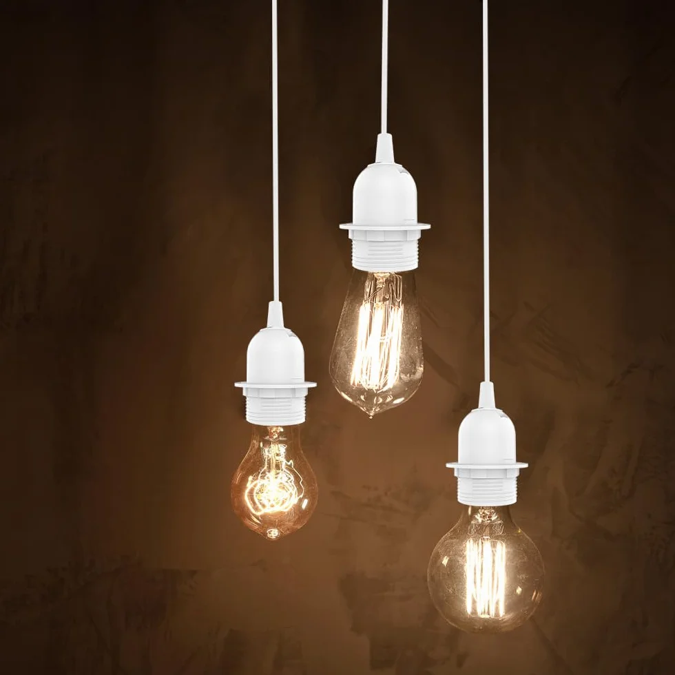 Oprawa lampy E27 z przełącznikiem z wtyczką, 3 x oprawka E27 z kablem sieciowym 3 m, pierścień śrubowy, do zawieszenia lampy, lampa wisząca do salonu, sypialni i kuchni (biała)