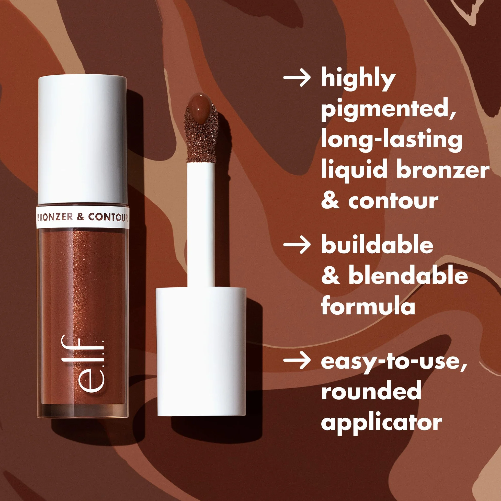 e.l.f. Camo Liquid bronzer i kontur, wysoko pigmentowany, naturalny blask, widoczna tekstura, trwała, zaokrąglony aplikator, wegański, nietestowany na zwierzętach, 5 średni