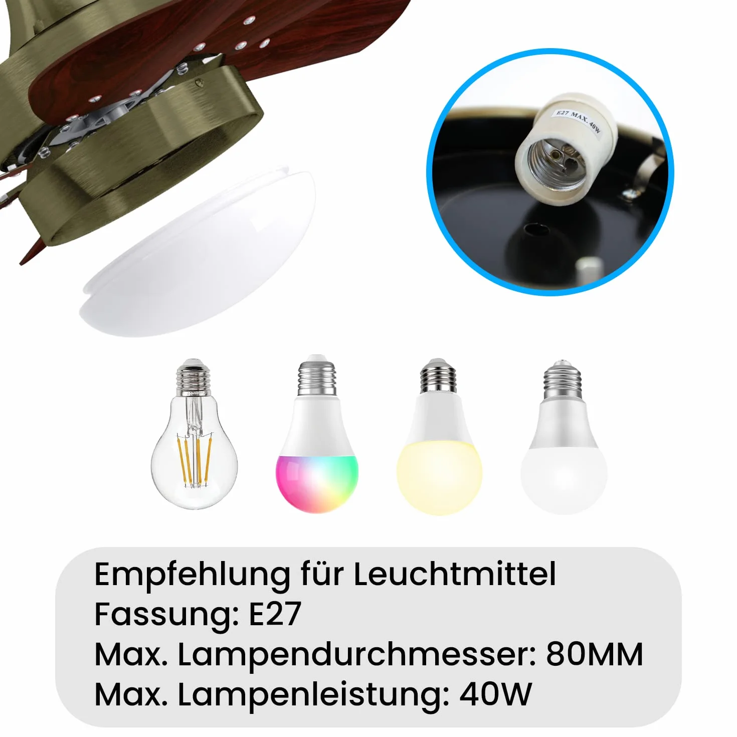 Homefire Wentylator sufitowy z oświetleniem i pilotem zdalnego sterowania, cichy, Ø 75 cm, 6 łopatek, wentylator z pojedynczą lampą, lampa sufitowa, na lato, zimę, do sypialni, bez źródła światła
