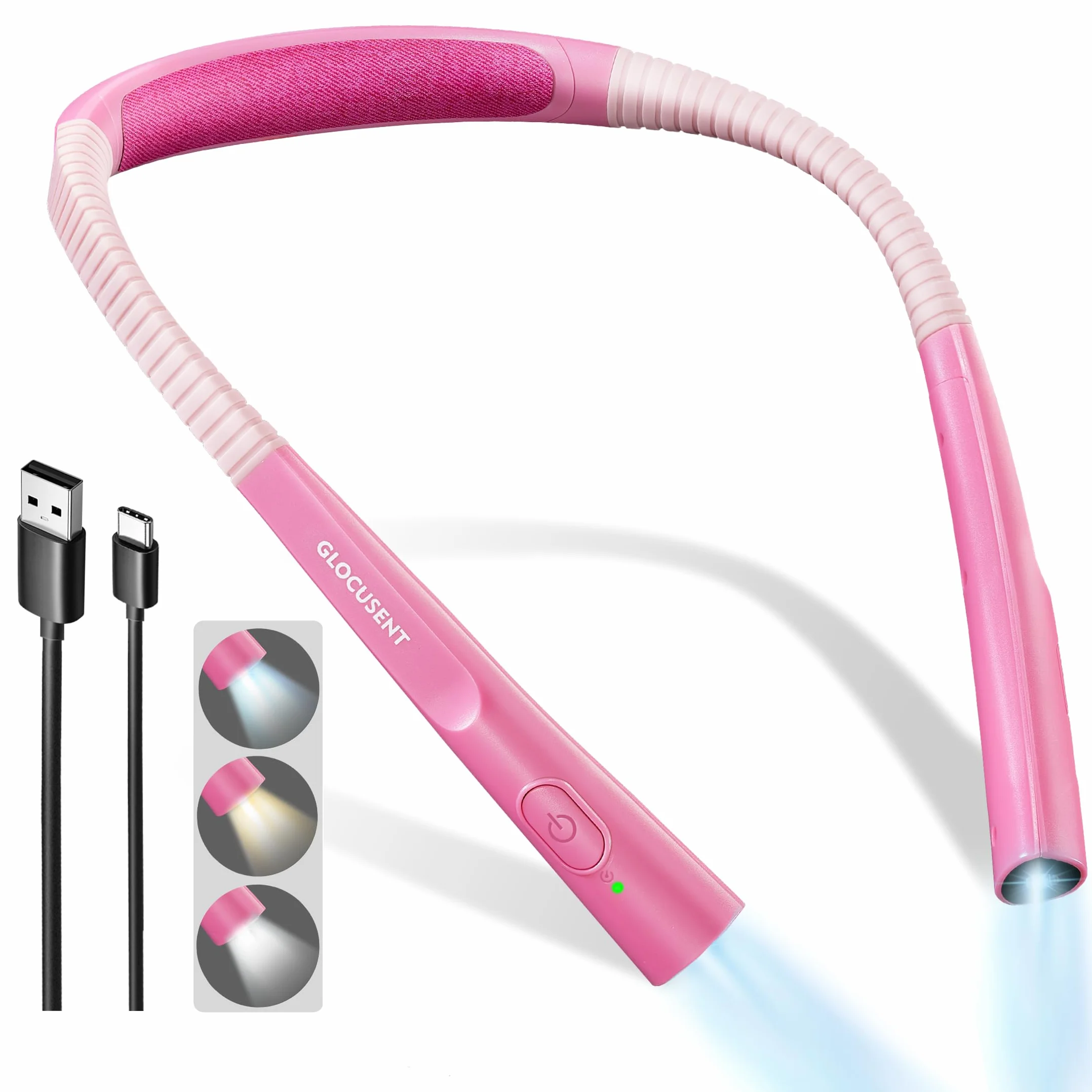 Glocusent LED Neck Reading Light do czytania w nocy, 30-min Timer, 3 kolory i 3 jasność regulowane, Rechargeable