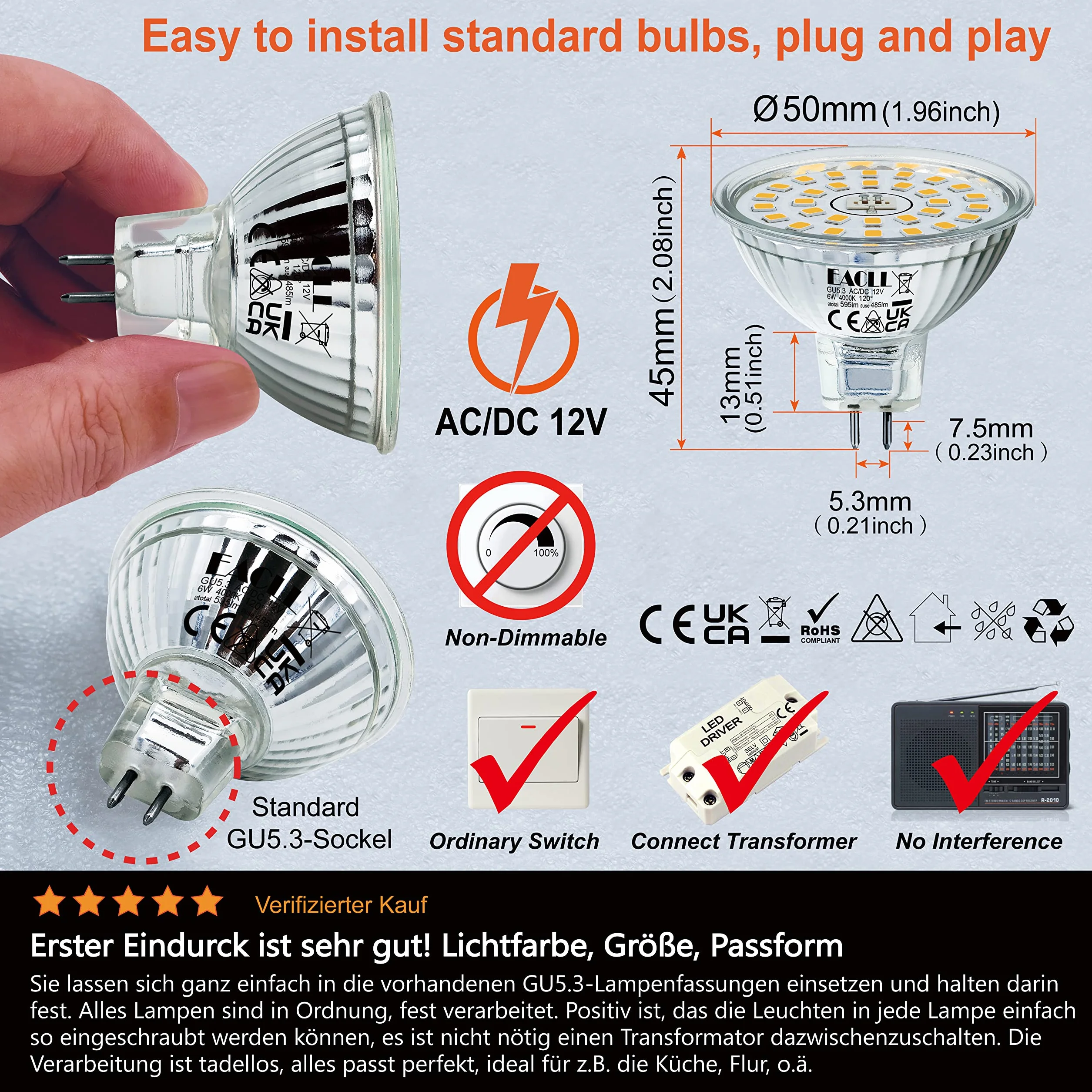 EACLL GU5.3 LED 4000K 6W MR16 50W zastępuje 4 szt. neutralna biel 485 lumenów AC/DC 12V bez migotania kąt 120° punktowy