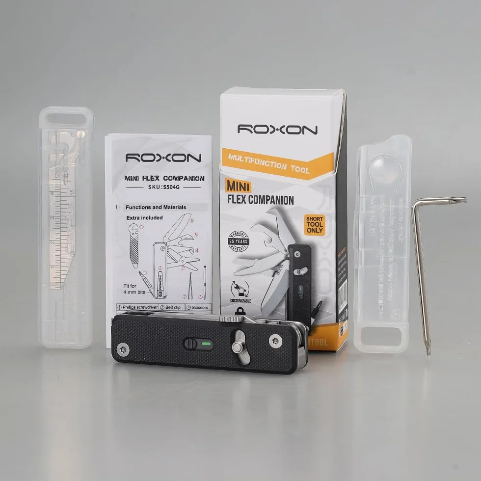 ROXON S504G Mini Flex Companion – scyzoryk z rękojeścią G10, krótkie ostrze Sheepsfoot, nożyczki, otwieracz, bit 4 mm, pęseta, wykałaczka