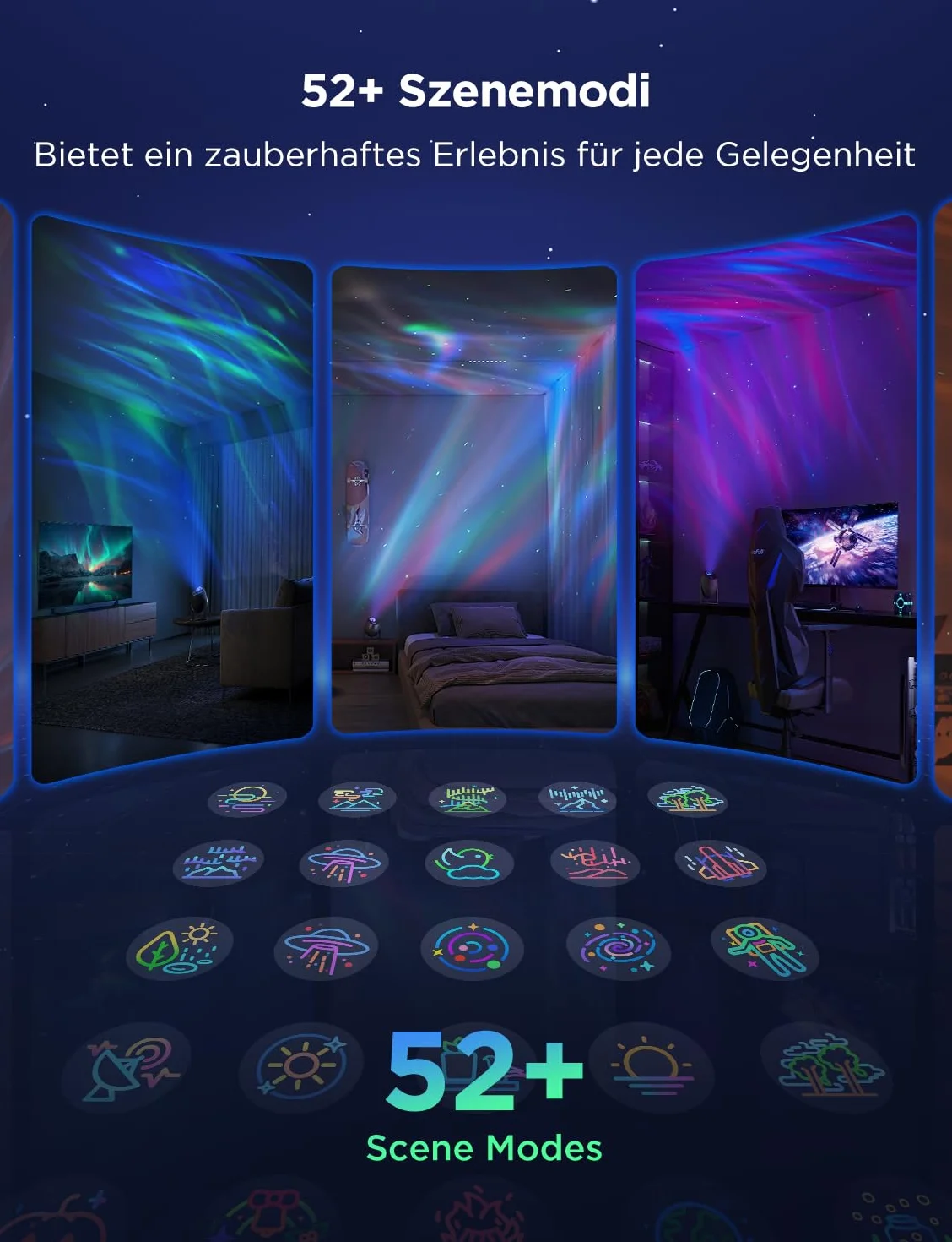 Govee Projektor LED gwiaździstego nieba, lampa RGBW Aurora z 52 scenami