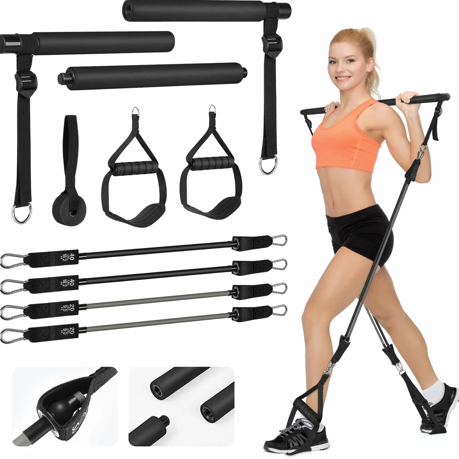 ALongSong Zestaw batoników do pilatesu z 4 elastycznymi taśmami oporowymi z lateksowymi elastycznymi taśmami oporowymi, 9 kg, 18 kg, 3 sekcje do pilatesu, przenośny domowy trening fitness do jogi,