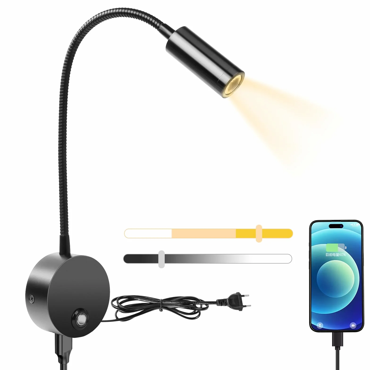HOTUT Lampka Do Czytania Montowana Na Ścianie, Ściemnialna, USB, Czarna