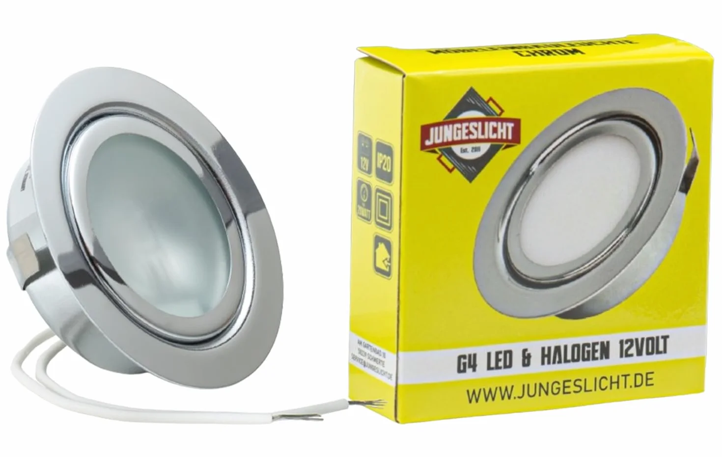 Ultra płaska lampa do zabudowy meblowej 12 V G4 20 W z żarówką ściemniania otwór 55-58 mm średnica zewnętrzna 72 mm głębokość montażu 25 mm wymienne żarówki