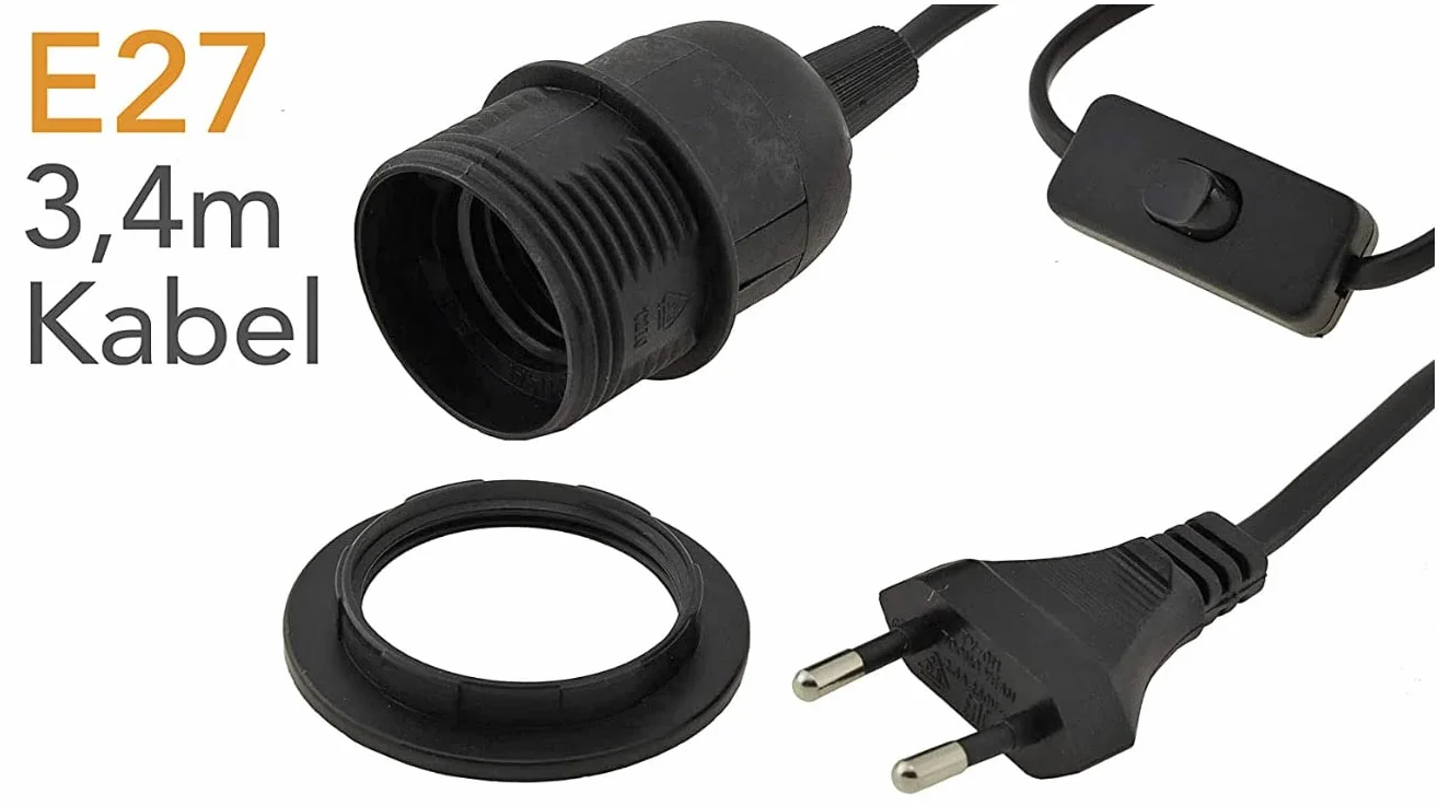 ChiliTec Oprawka lampy E27, kabel 3,4 m, z przełącznikiem, przełącznik sznurkowy, pierścień montażowy do lamp stojących i wiszących, abażuru, papieru, lamp, gwiazd, lampy czarne