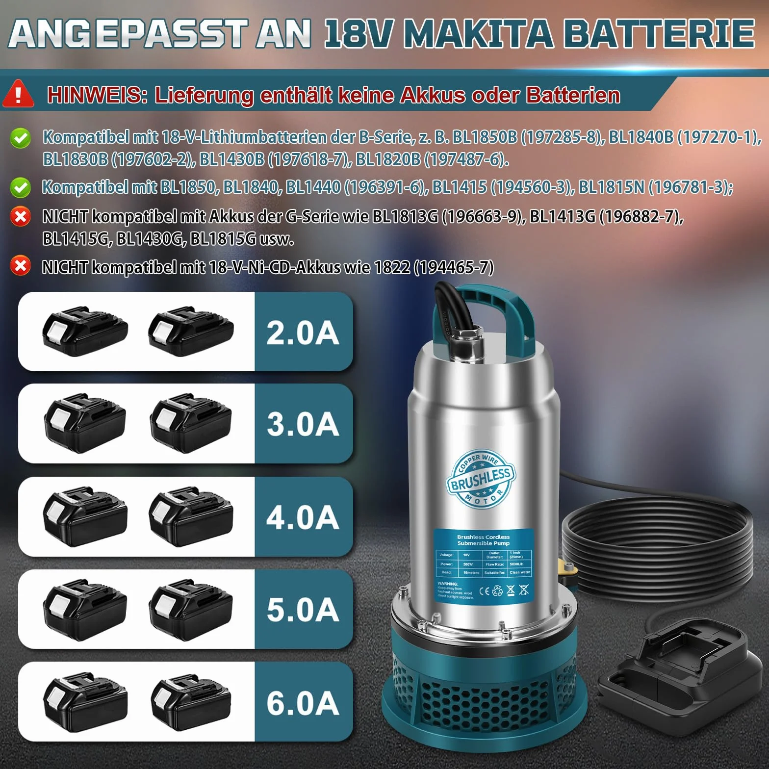 Pompa zanurzeniowa kompatybilna z akumulatorem Makita 18V (bez baterii) – 5000L/H Bezprzewodowa pompa wodna z 10m wężem, 5m kablem połączeniowym – Idealna do basenu, łóżeczka wodnego, nawadniania