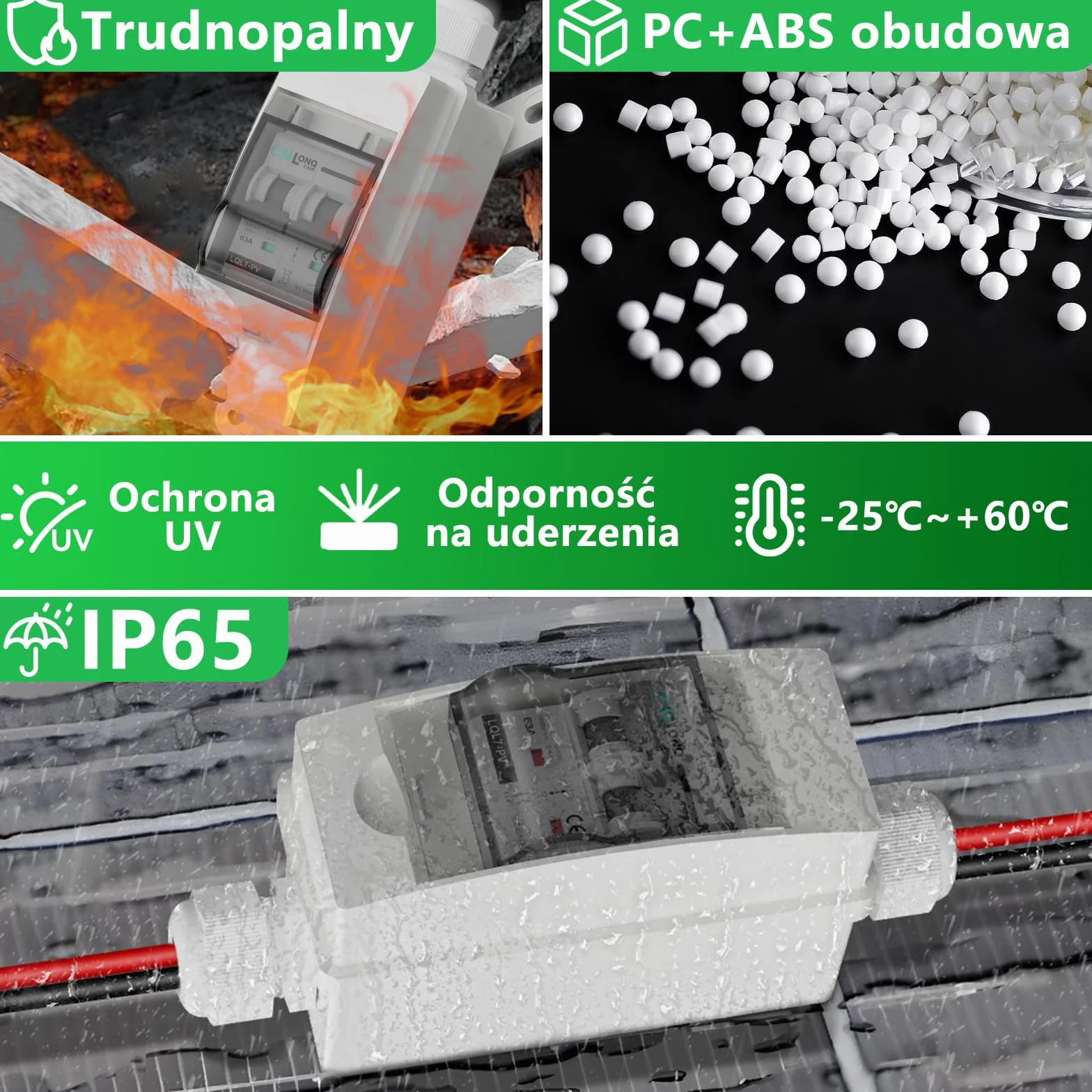 Wyłącznik Automatyczny 63A DC1000V 2P IP65 Wodoodporny do Paneli Słonecznych