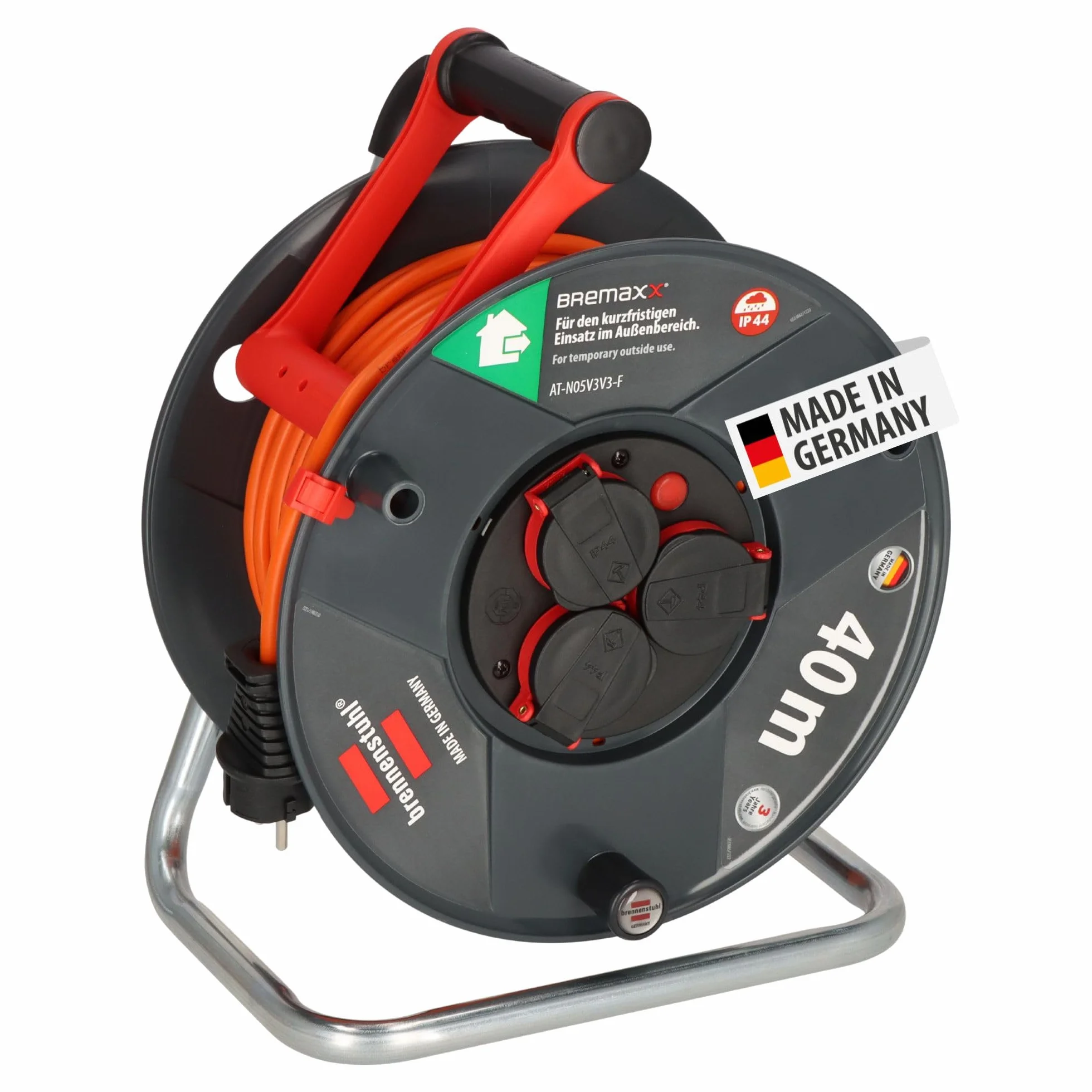 Brennenstuhl Garant V2 bęben kablowy IP44, 40 m, do użytku na zewnątrz (Made in Germany, kabel w kolorze pomarańczowym, krótkotrwałe zastosowanie na zewnątrz)