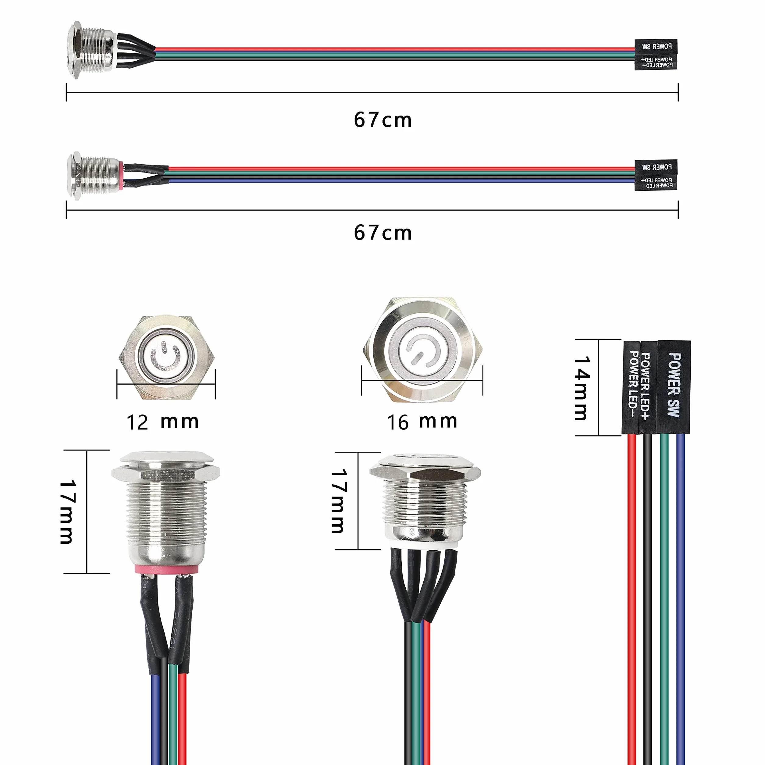 XMSJSIY Przełącznik zasilania PC, metalowy przycisk hosta, komputer host, obudowa PC LED przycisk zasilania ATX zasilanie do komputera DIY 60 cm - 1 szt. (12 mm)