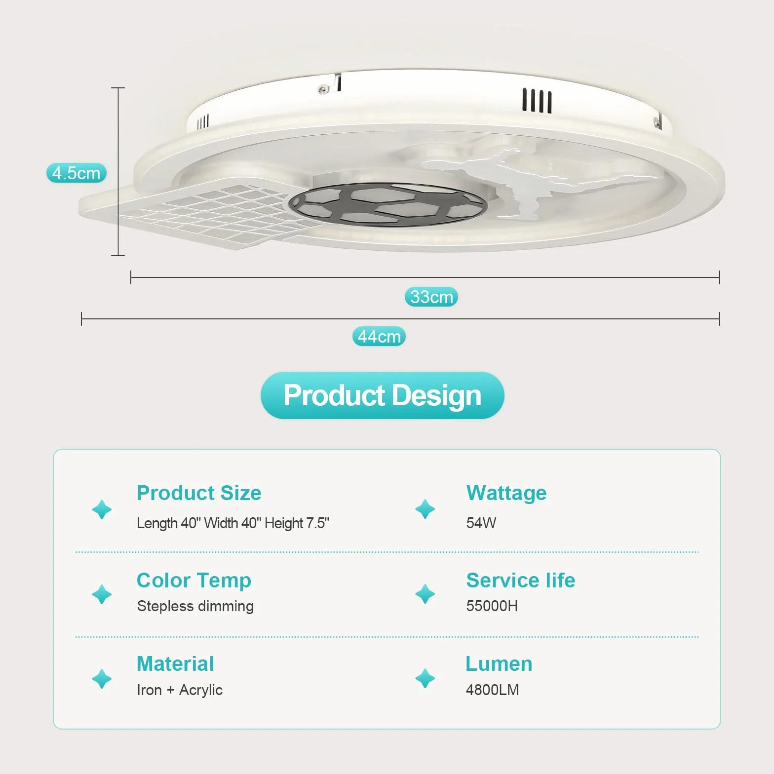OTREN Lampa sufitowa LED piłka nożna 3000K-6000K ściemniana z pilotem 44 cm x 40 cm x 4,5 cm biała