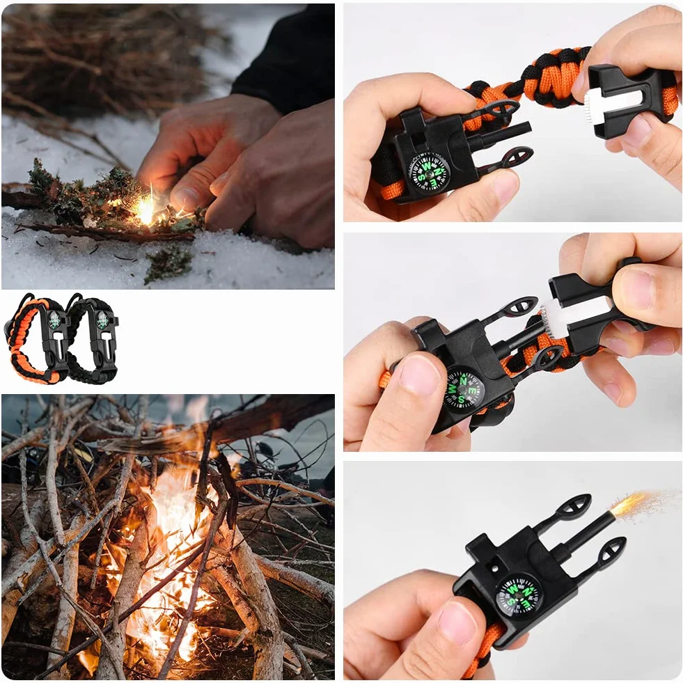 Flintronic Paracord zestaw bransoletek survivalowych 5 w 1, krzesiwo z krzesiwa i stali + gwizdek 100 dB + kompas podstawowy + mini piła + wodoszczelna linka Paracord w jakości wojskowej