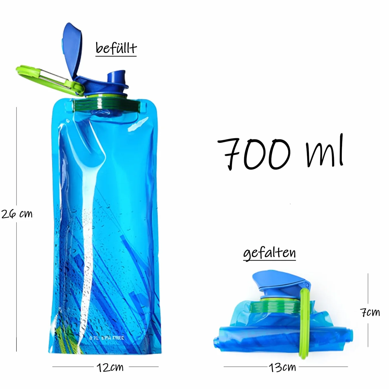 Ganzoo worek/butelka na wodę 700 ml trinktüte, składany pojemnik na napoje z karabińczykiem, szczelne zamknięcie gwintu i ustnika, BPA free, nadaje się do zmywarki, 3 szt., czarny niebieski biały