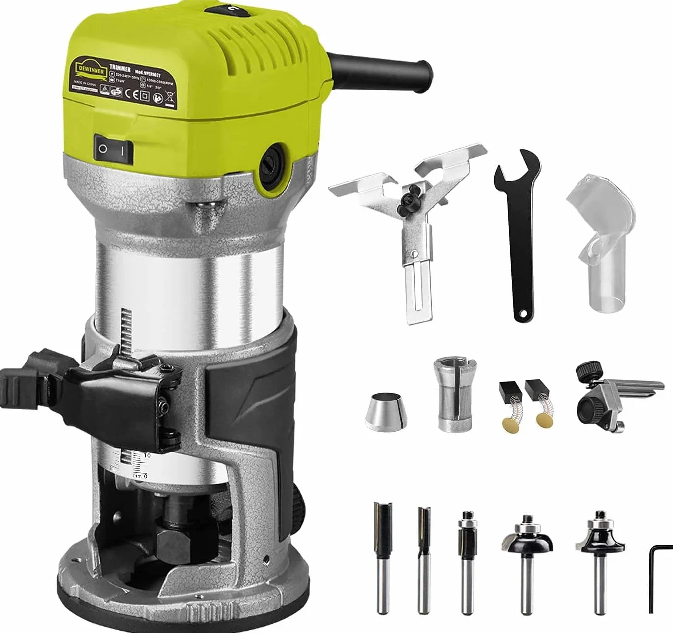 DEWINNER Elektryczna wkrętarka do drewna 710 W, 13000-33000 obr./min, 6 zmiennych prędkości, 3 zaciski 1/4" 6 mm i 8 mm