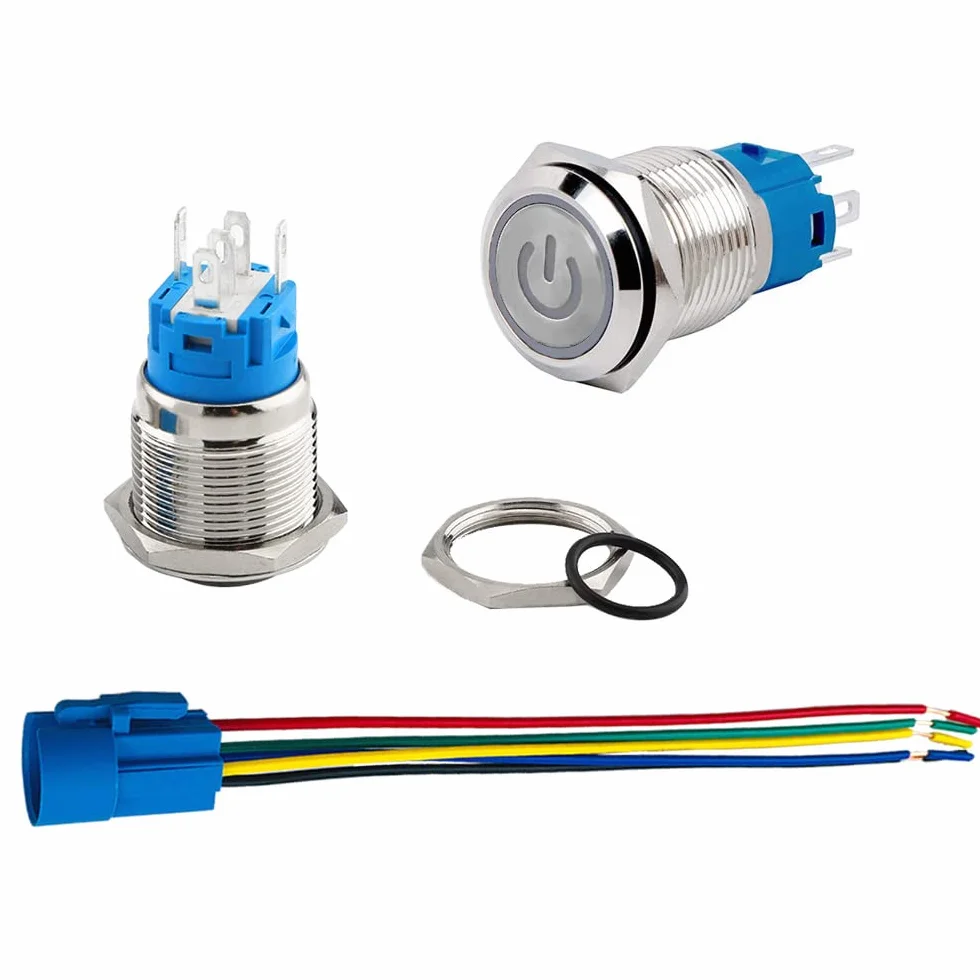 Automatyczny przełącznik przyciskowy 19 mm 12V/24V 5A wodoodporny IP67 stal nierdzewna z wtyczką przewodową żółta dioda LED