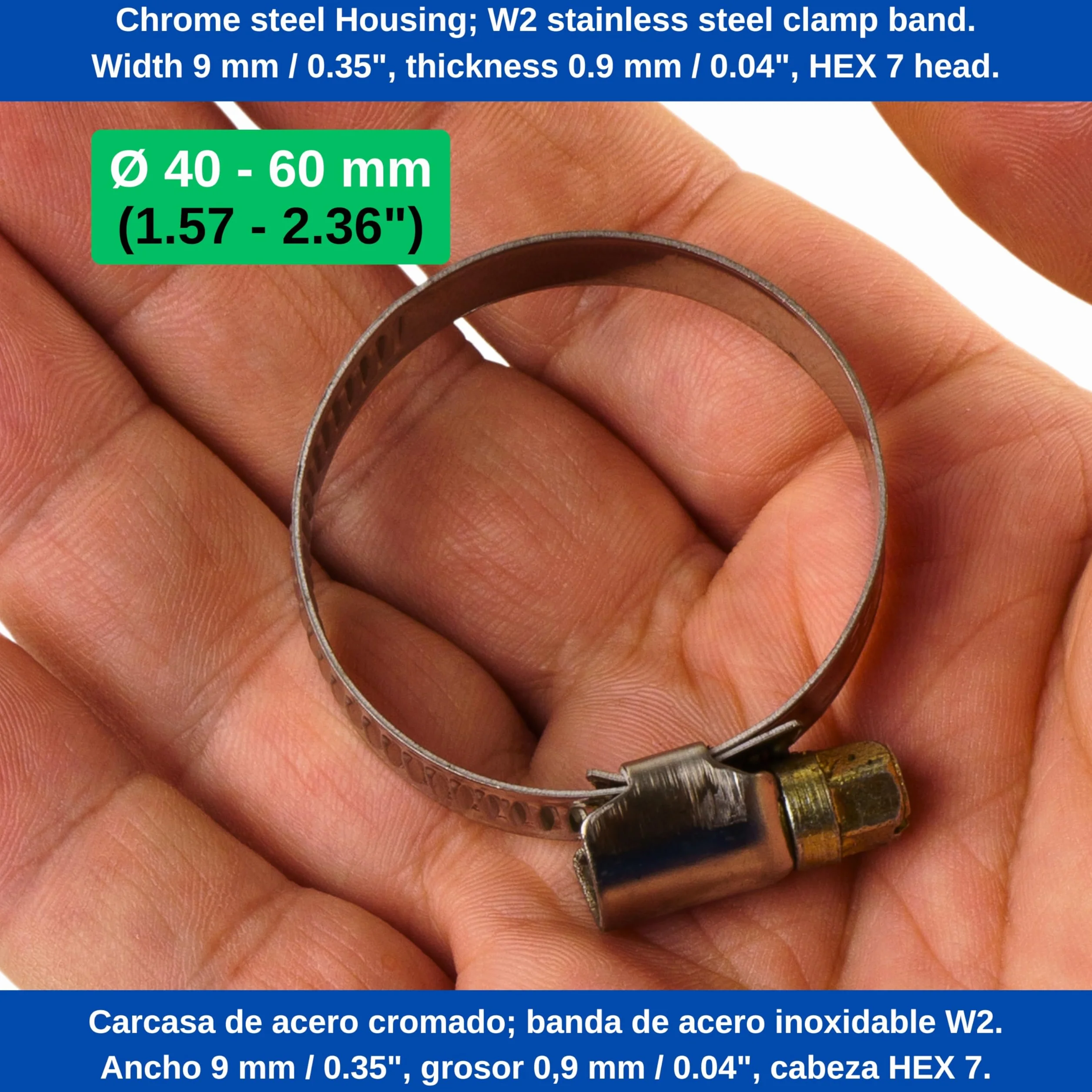 Opaski zaciskowe z napędem ślimakowym, 4 sztuki, Ø 40-60 mm, stal szlachetna, szerokość 9 mm