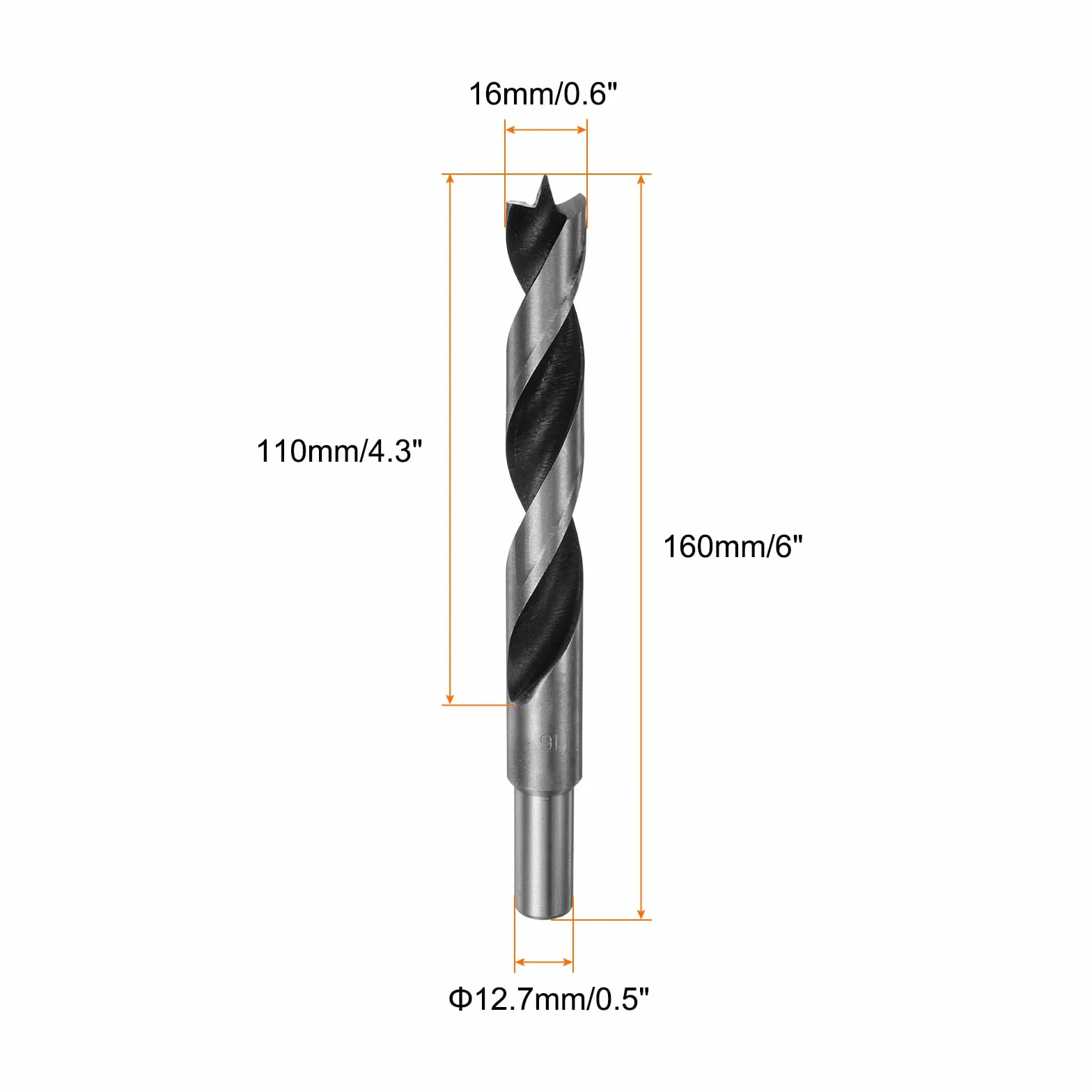 QUARKZMAN Brad Point wiertło 16 mm (40/64") średnica prostej okrągłej cholewki 4,3" głębokość wiercenia spiralne do obróbki drewna