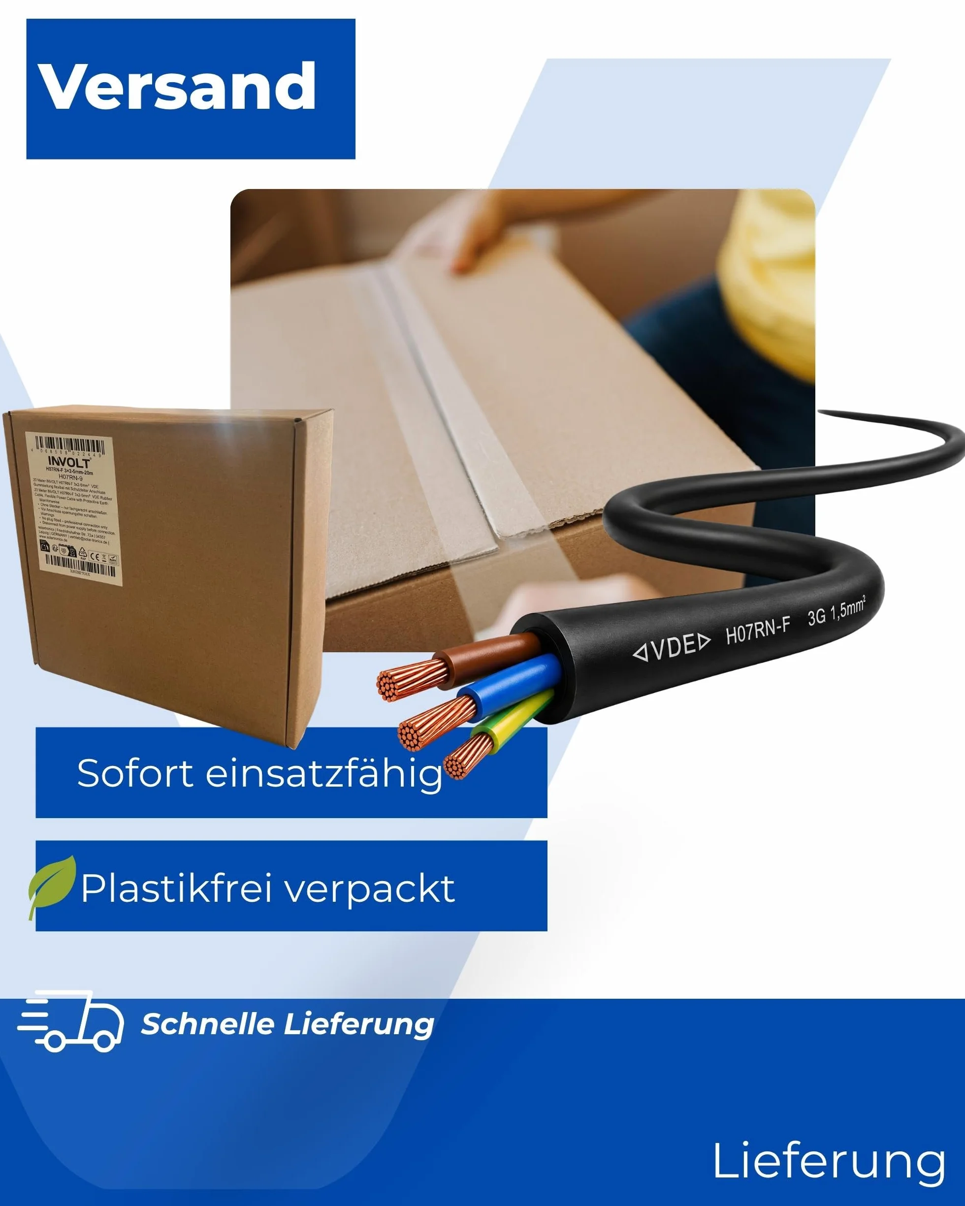 INVOLT 10 m H07RN-F 3G1,5 mm² kabel przedłużający CEE, elastyczny kabel gumowy z przewodem ochronnym, na zewnątrz, na placach budowy, certyfikat VDE