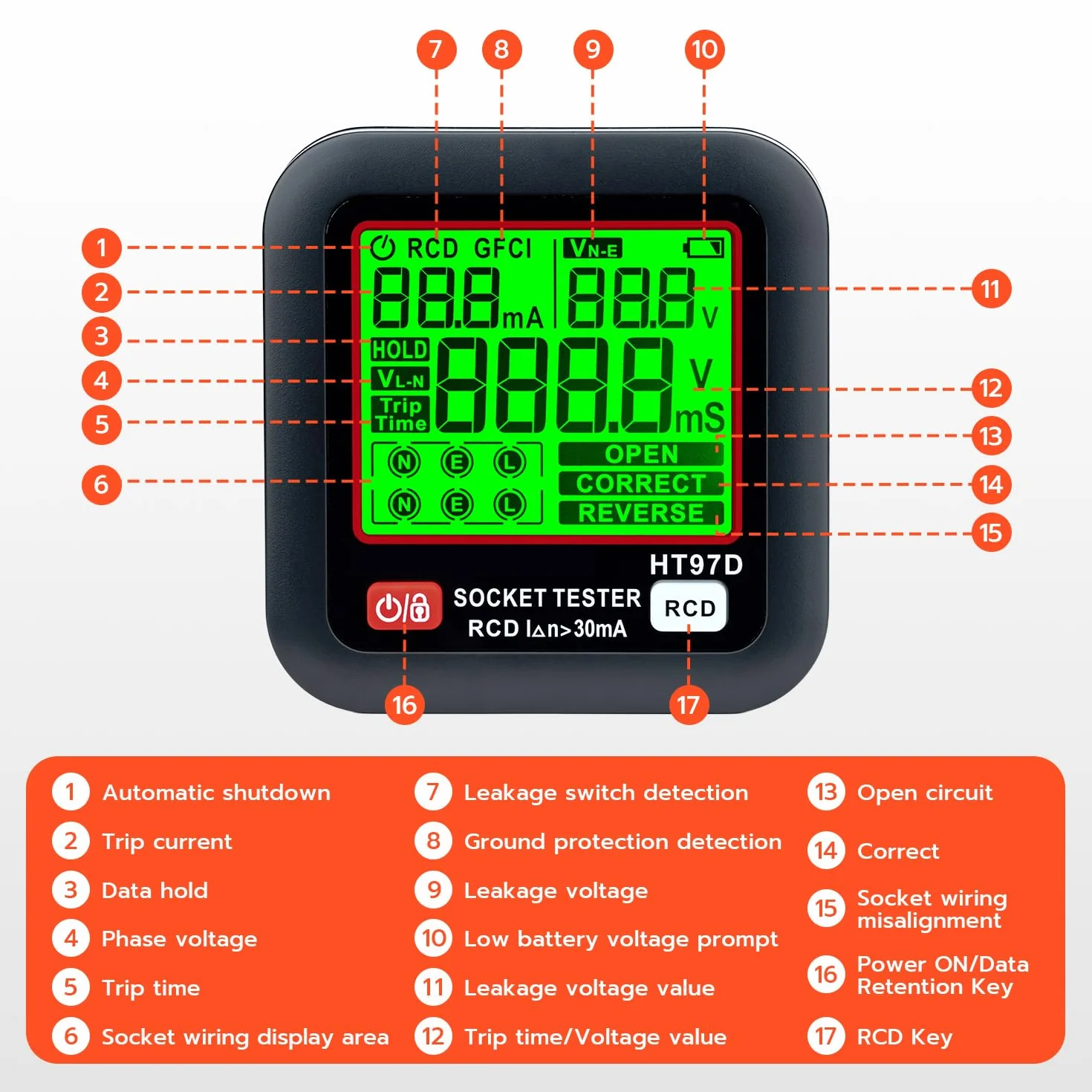 Wigearss Tester gniazd z kontrolą RCD i wyświetlaczem napięcia LCD, 6 rodzajów diagnostyki błędów, napięcie wycieku i wskaźnik prądu, test FI, 30-260 V/45-65 Hz