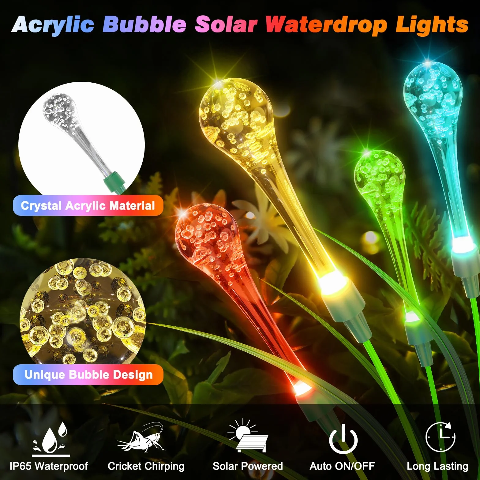 Lampy solarne do ogrodu, 2 sztuki, 6 diod LED, kolorowe lampy ogrodowe w kształcie kropli, do użytku na zewnątrz, nowe zmodernizowane, opcjonalnie tryby Swaying Light, solarne lampy ogrodowe, IP65,
