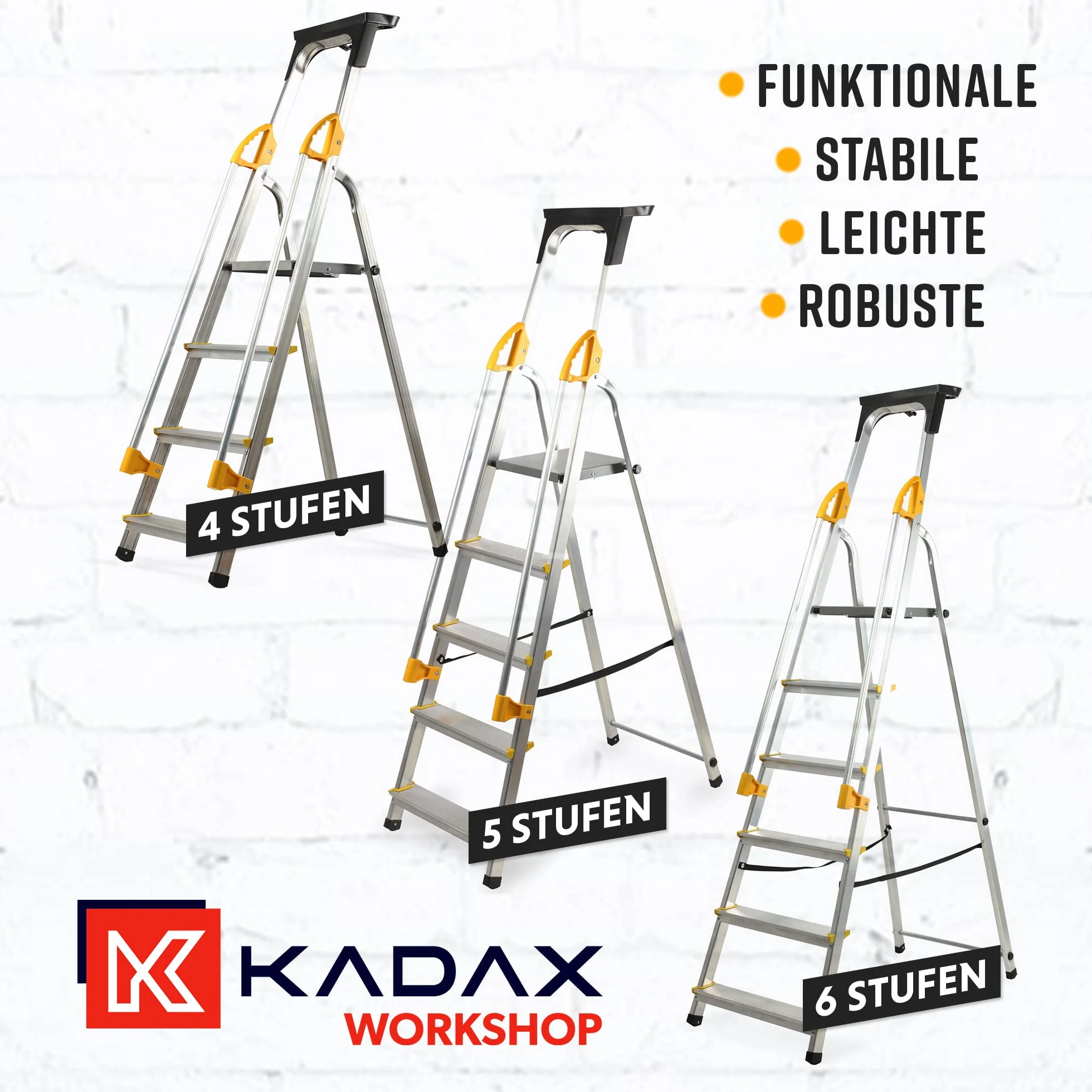 KADAX Drabina aluminiowa 4-stopniowa składana z poręczą 150 kg