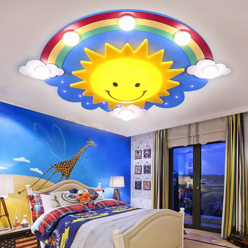 Lampa sufitowa do pokoju dziecięcego kreskówka żółte słońce z tęczą wpuszczana