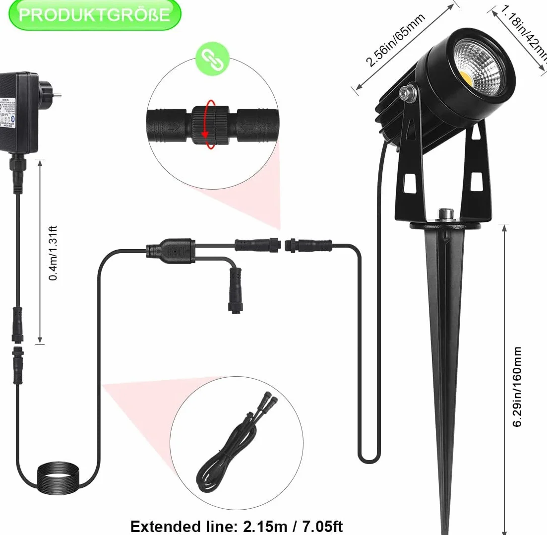 3-częściowy zestaw oświetlenia ogrodowego LED z ostrzem do wbijania w ziemię, 3 W, lampa ogrodowa z wtyczką, 1080 lm, wodoszczelna lampa ogrodowa, reflektor ogrodowy, reflektor zewnętrzny,