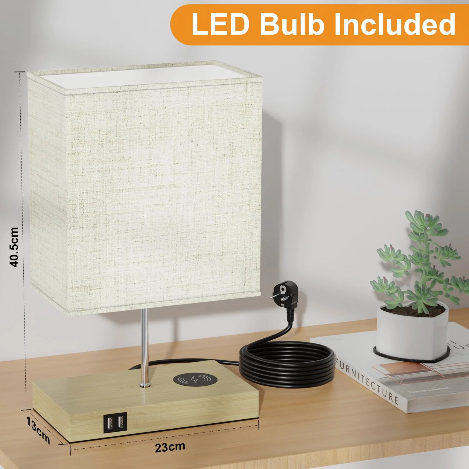 GLUROO Lampa stołowa sterowana dotykiem z ładowaniem bezprzewodowym, lampki nocne z możliwością przyciemniania w 3 kierunkach, 2 porty ładowania USB