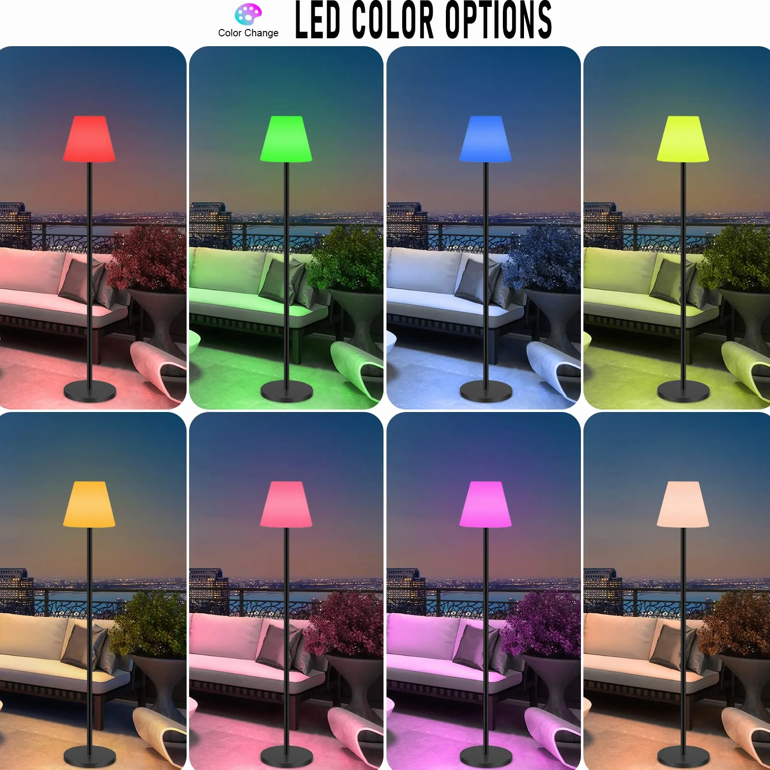Solarna lampa podłogowa lampy zewnętrzne na patio, wodoodporna, ładowalna bezprzewodowa lampa podłogowa z czujnikiem światła, ściemniana jasność ciepła biel + lampa zewnętrzna RGB LED do