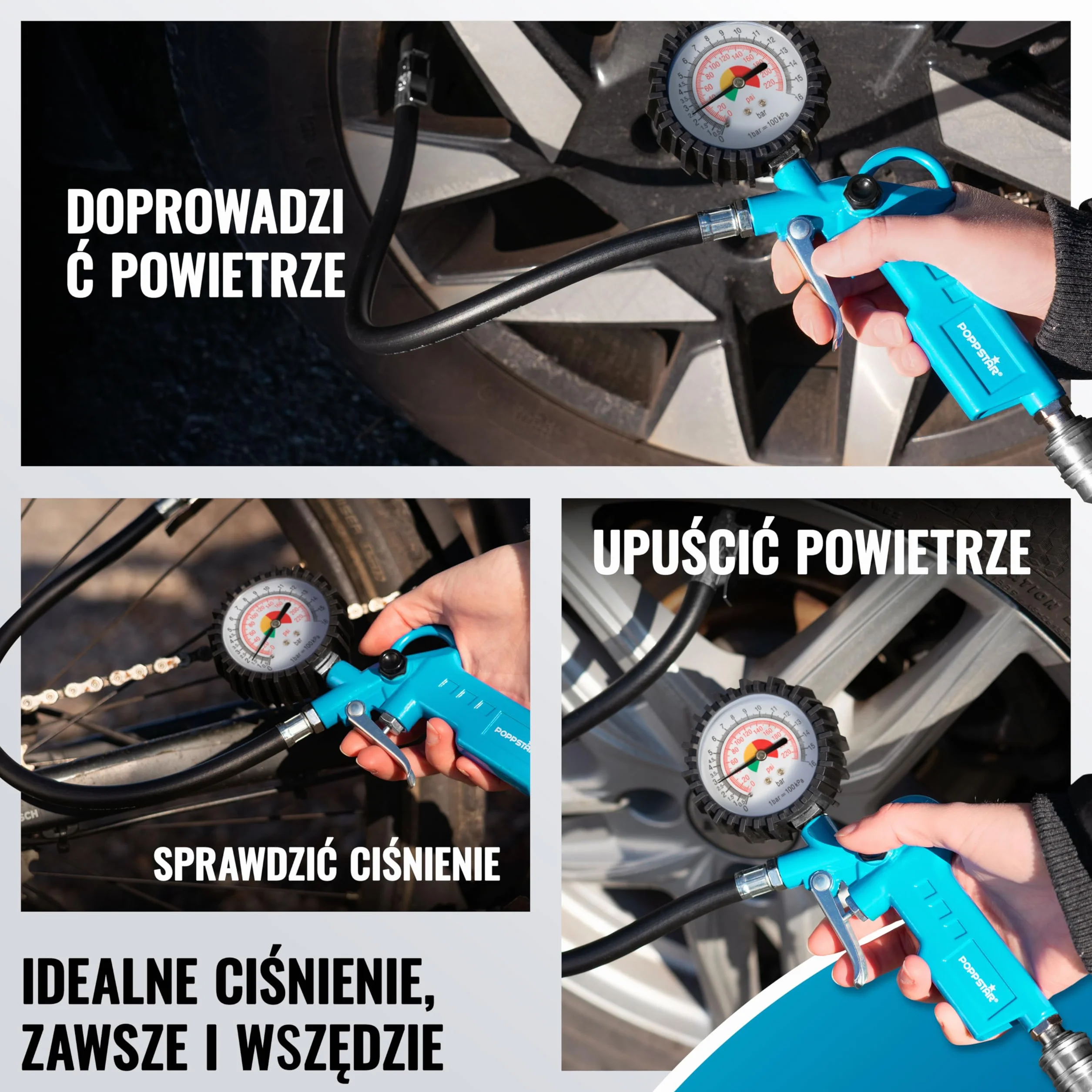 Poppstar zestaw akcesoriów do sprężonego powietrza: napełniacz do opon 0-16 bar, wąż spiralny 5m, pistolet przedmuchiwania 12 bar