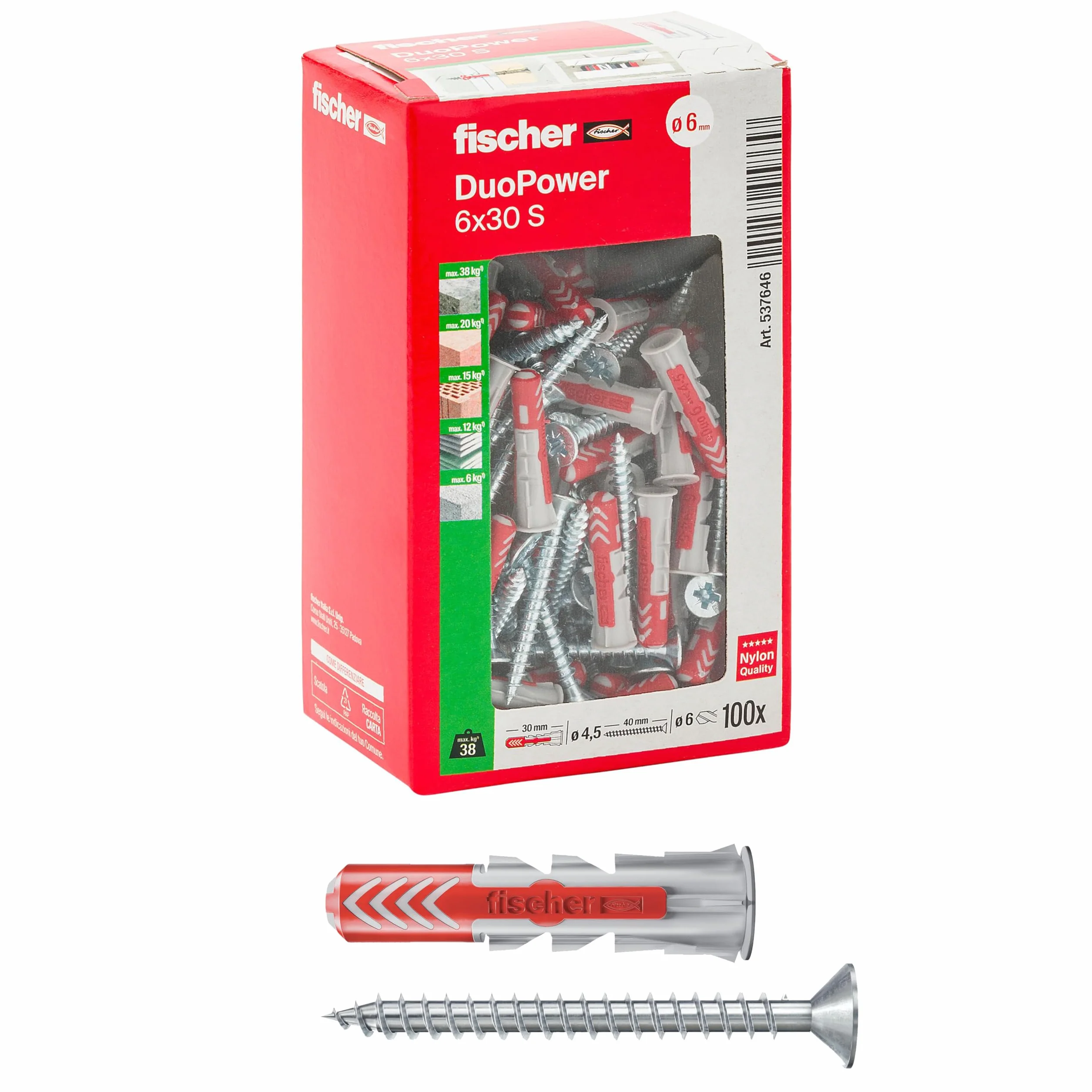 Fischer Duopower 100 kołków ze śrubą 6 x 40 mm do ściany pełnej cegły perforowanej płyty gipsowo-kartonowej
