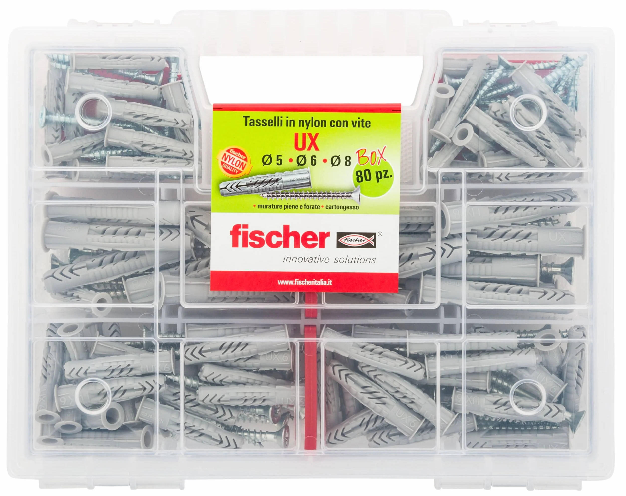 Fischer Zestaw UX 544257 kołków z śrubami do mocowania na pełnej ścianie, cegła perforowana, płyta gipsowo-kartonowa