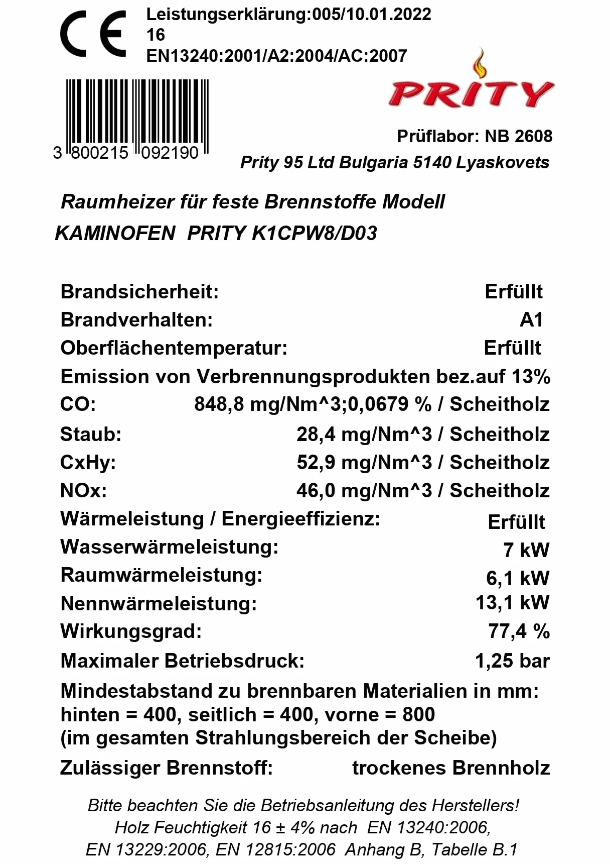 Piec opalany drewnem żeliwny z kurtką wodną kominek Prity K1CPW8