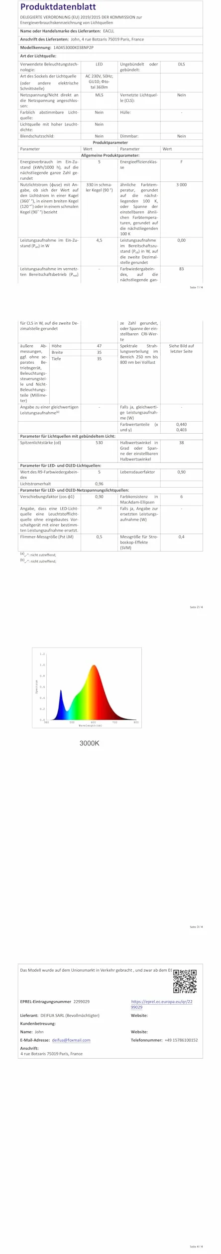EACLL Żarówka LED GU10 4,5 W 3000 K 330 lm MR11 nieściemnialna AC 230V 38° zestaw 4 sztuk