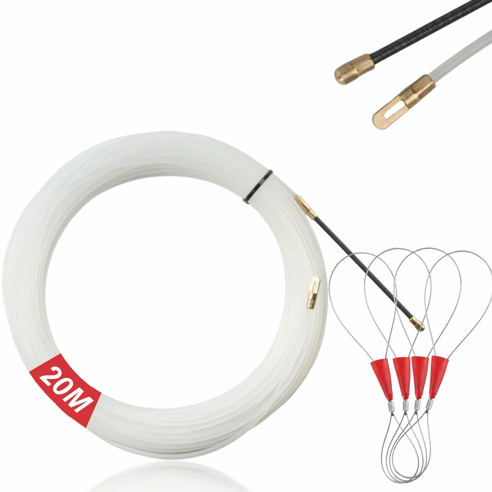 Pomoc do wciągania kabli 20 m, spirala do podciągania, drut naciągany, spirala z 4 sprężynami prowadzącymi, taśma do wsuwania kabli φ4 mm, taśma do podciągania kabli, puste rury, kabel ciągnący