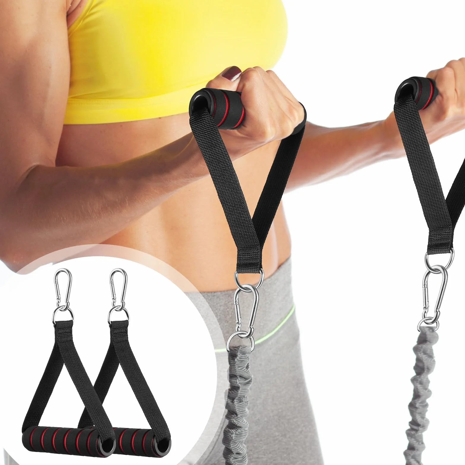 Fintronic uchwyty do taśm fitness, 2 sztuki, uchwyt jednoręczny, silikonowe uchwyty z karabińczykiem, uchwyt do taśm oporowych, akcesoria do fitnessu, wieży siłowej, cięgna, tricepsów